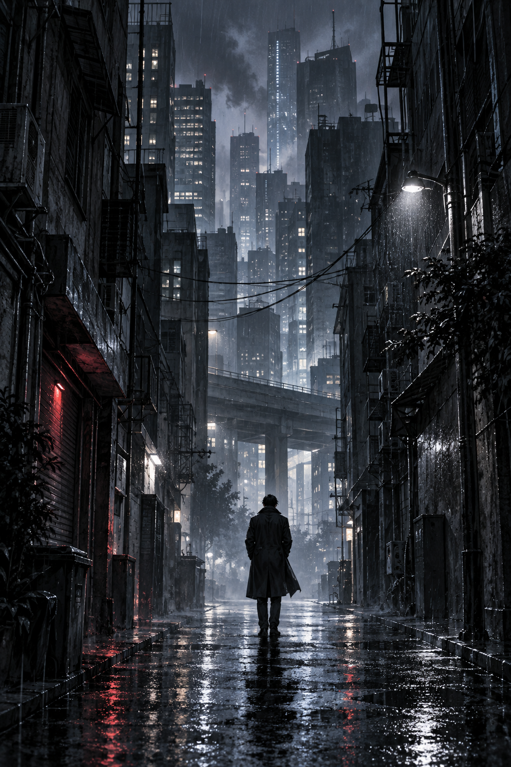 冷色漫畫風格的雨夜城市,一名穿深色外套的人背對讀者走入巷道。